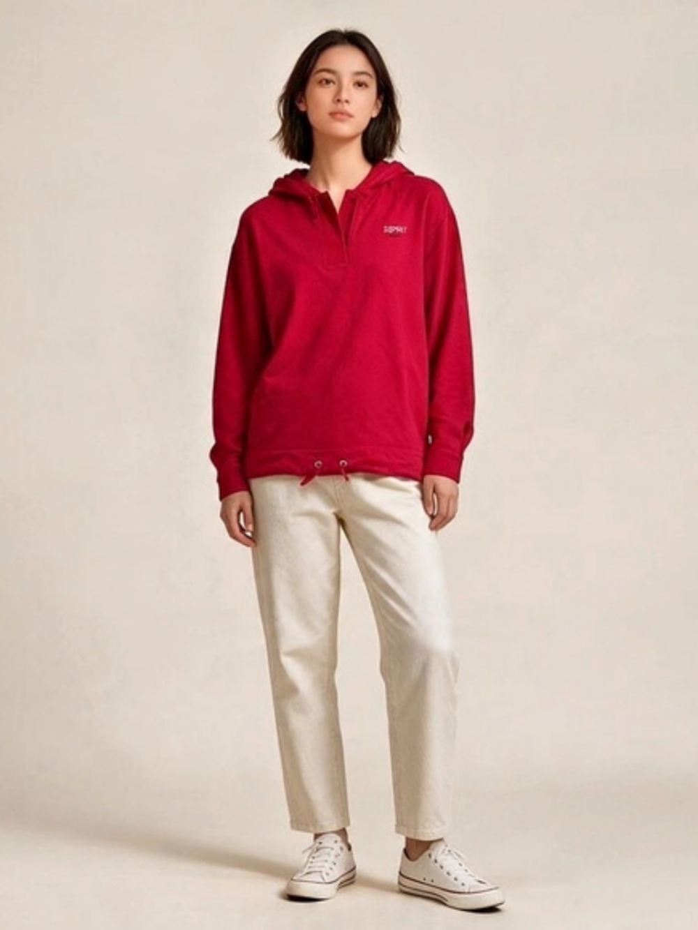 Esprit Logo Pullover Hoodie Cotton Red Size Small